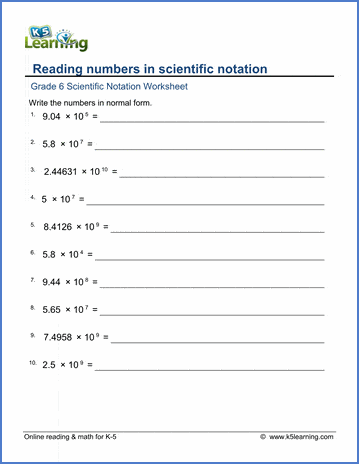 Grade 6 Worksheet Reading Numbers In Scientific Notation 12 Digits K5 Learning