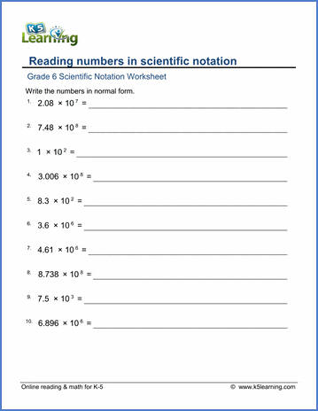 Grade 6 Scientific notation Worksheet read numbers in scientific notation