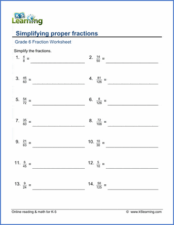 Grade 6 Math Worksheets: Simplifying fractions K5 Learning