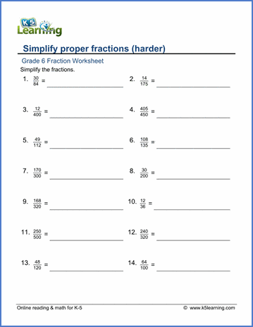 grade 6 fractions worksheets simplify fractions harder k5 learning