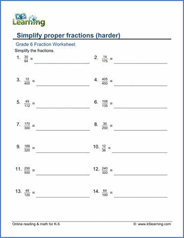 grade 6 fractions worksheets simplify fractions harder