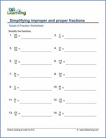 grade 6 simplifying and converting fractions worksheets free printable k5 learning