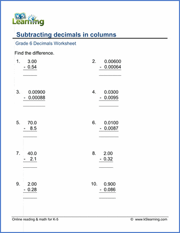 grade 6 math worksheets subtraction of decimals in