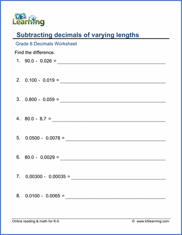 grade 6 math worksheets subtracting decimals of varying lengths k5 learning