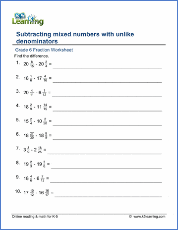 Grade 6 Fraction Worksheet: Subtract Mixed Numbers (Denominator 0-30) | K5 Learning