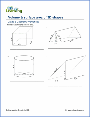 Grade 6 Geometry Worksheets: Volume and surface area of 3D shapes | K5