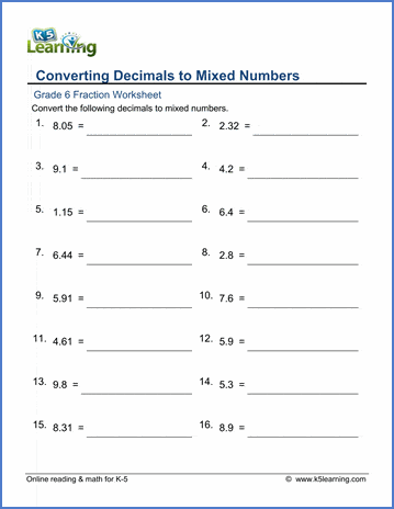 grade 6 math worksheet converting decimals to mixed numbers k5 learning