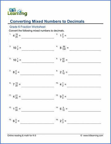 grade 6 math worksheets writing mixed numbers as decimals k5 learning