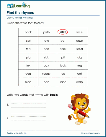 Grade 2 Words that rhyme worksheet