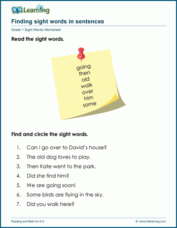 Finding sight words in sentences worksheet