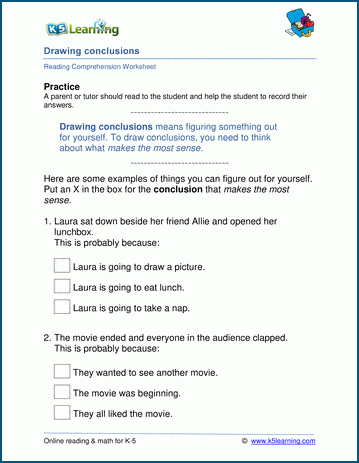 Conclusions inferences worksheets K5 Learning