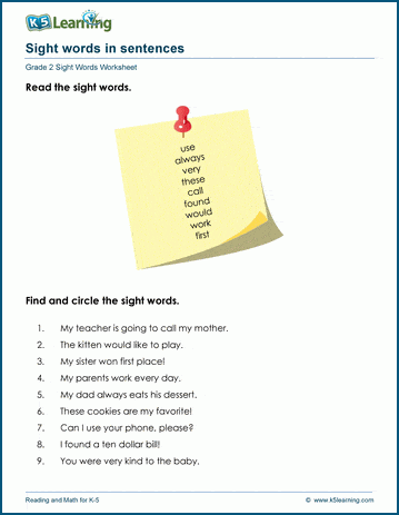 Sight words in sentences worksheet