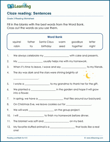 Cloze reading: Sentences worksheet