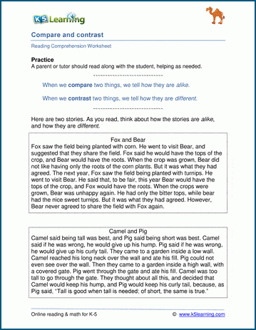 Grade 3 reading comprehension exercises on comparing and contrasting