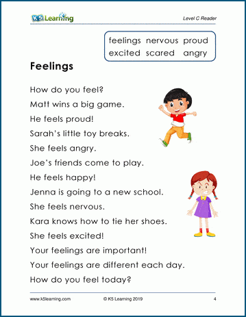 Feelings Leveled Story And Reading Comprehension Worksheet K5 Learning