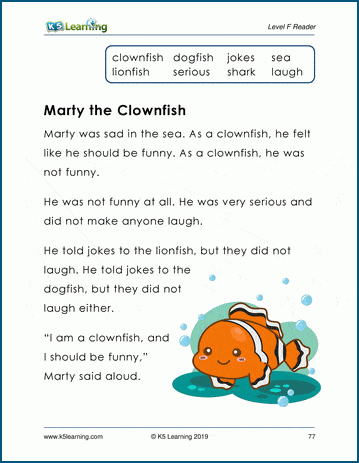 Marty the Clownfish - Sample Level F Story and Worksheet | K5 Learning