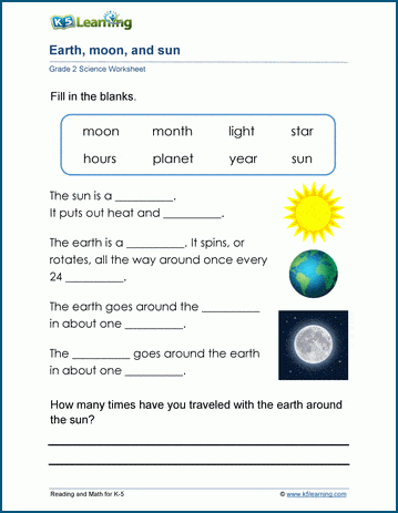 earth moon and sun worksheets k5 learning