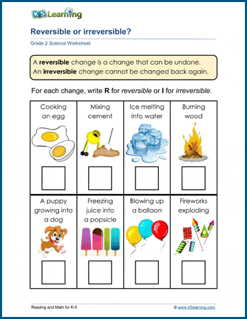 Reversible changes worksheets