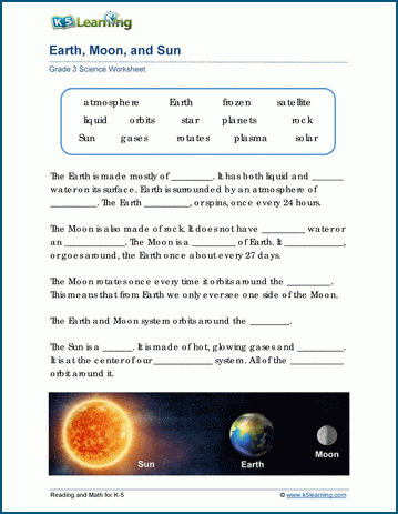 earth moon and sun worksheets k5 learning