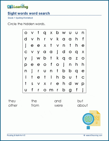 Grade 1 spelling word search worksheet