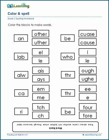 Color & spell for grade 2 worksheet