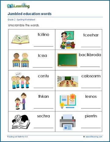 Unscramble jumbled words puzzle for Grade 2 Worksheets - Free printable