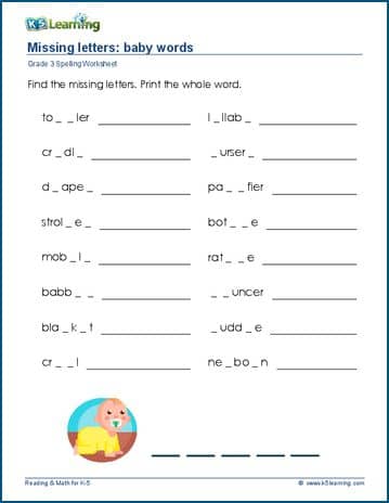 missing letters worksheets for grade 3 k5 learning