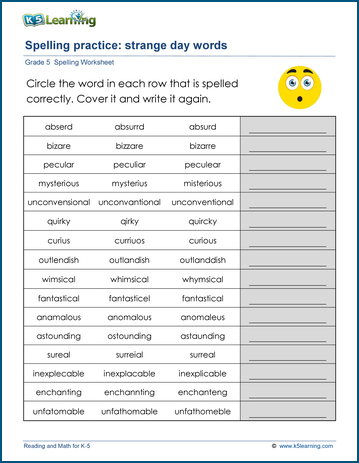 5th Grade Spelling Words Printable Worksheets