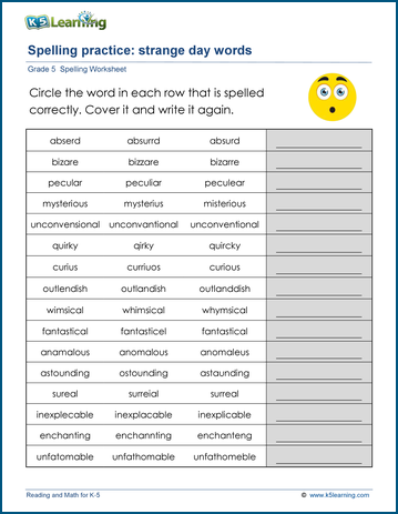 fifth grade spelling worksheets k5 learning