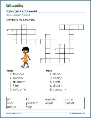 Synonym crosswords for grade 1 worksheets