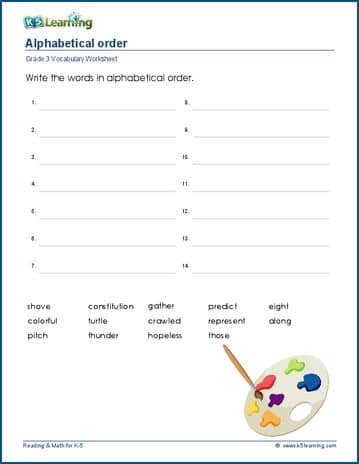 Grade 3 vocabulary worksheet - write words in alphabetical order | K5 ...