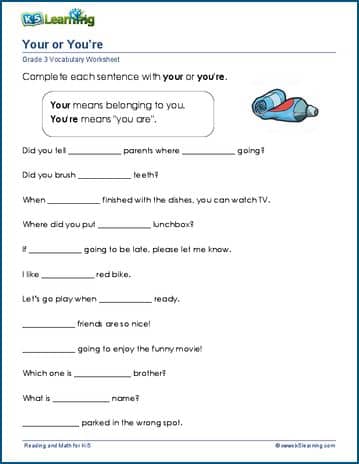 your or you re in sentences worksheets k5 learning