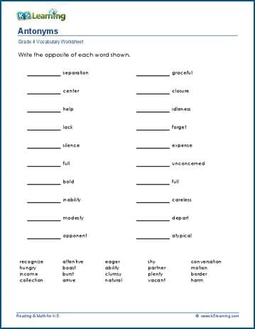 Antonyms Worksheets For Grade 4 K5 Learning