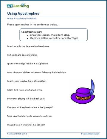 s apostrophe grade 1 worksheets vocabulary Grade K5   worksheet Learning  use 4  apostrophe