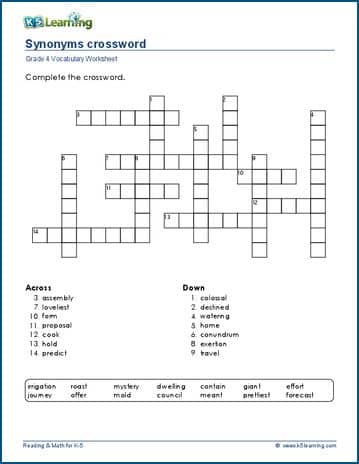 Synonyms Crossword Puzzle K5 Learning