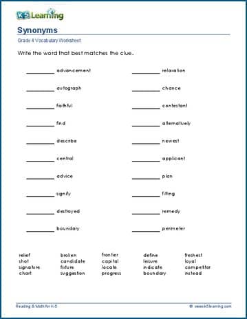 Synonyms List for Kids for Grade 1 and Grade 2 with PDF