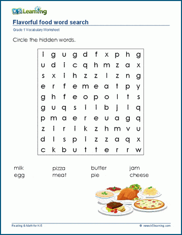Food vocabulary words word search puzzle worksheet.
