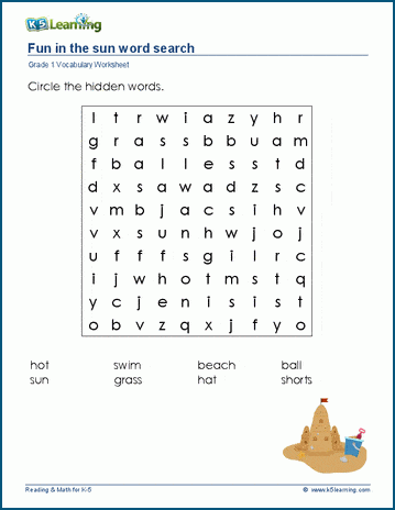 Grade 1 word search: Summer