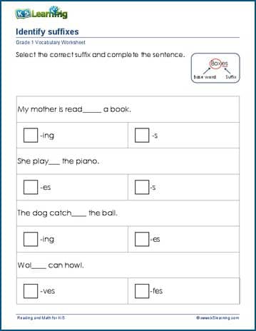 Grade 1 Vocabulary Worksheet - suffixes