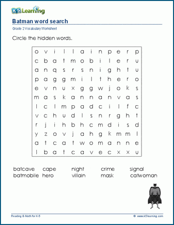 Batman word search for grade 2