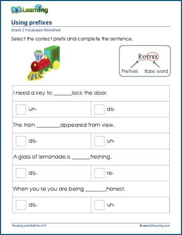 Using prefixes worksheets K5 Learning