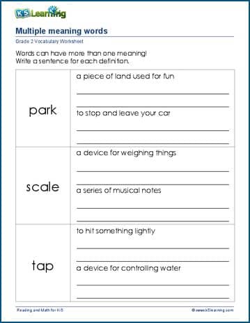 multiple meaning words for grade 2 k5 learning