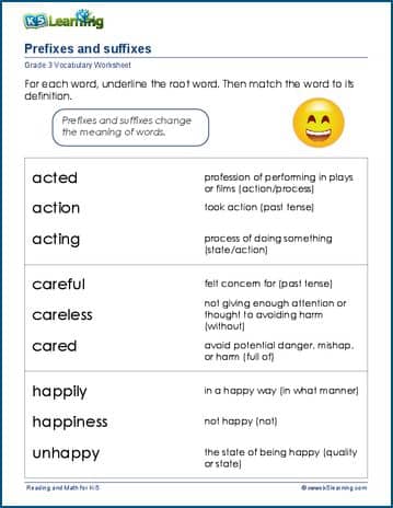 define the prefix suffix words worksheets k5 learning