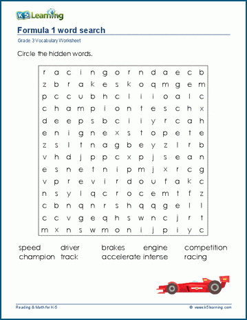 Grade 3 word search: Formula 1 word search