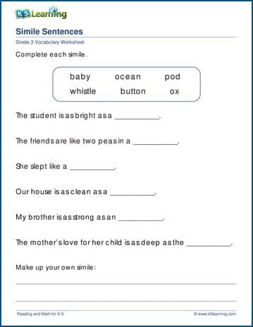 simile sentences worksheets k5 learning