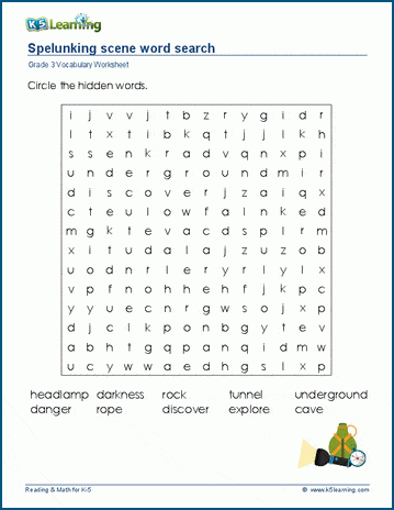 Grade 3 word search: Spelunking scene word search