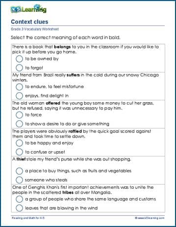 Grade 3 context clues worksheets