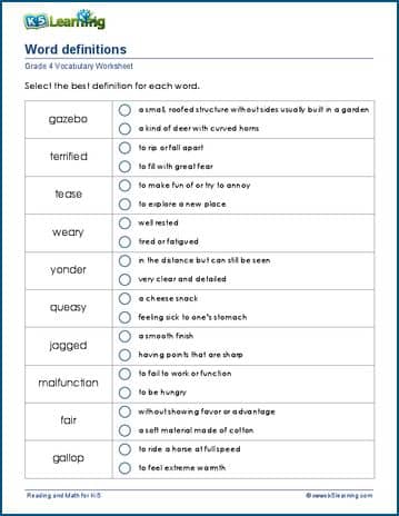 Grade 4 vocabulary worksheet applying meanings