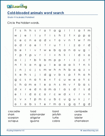 Cold-blooded animals word search | K5 Learning