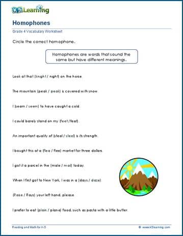 Grade 4 Vocabulary Worksheet homophones